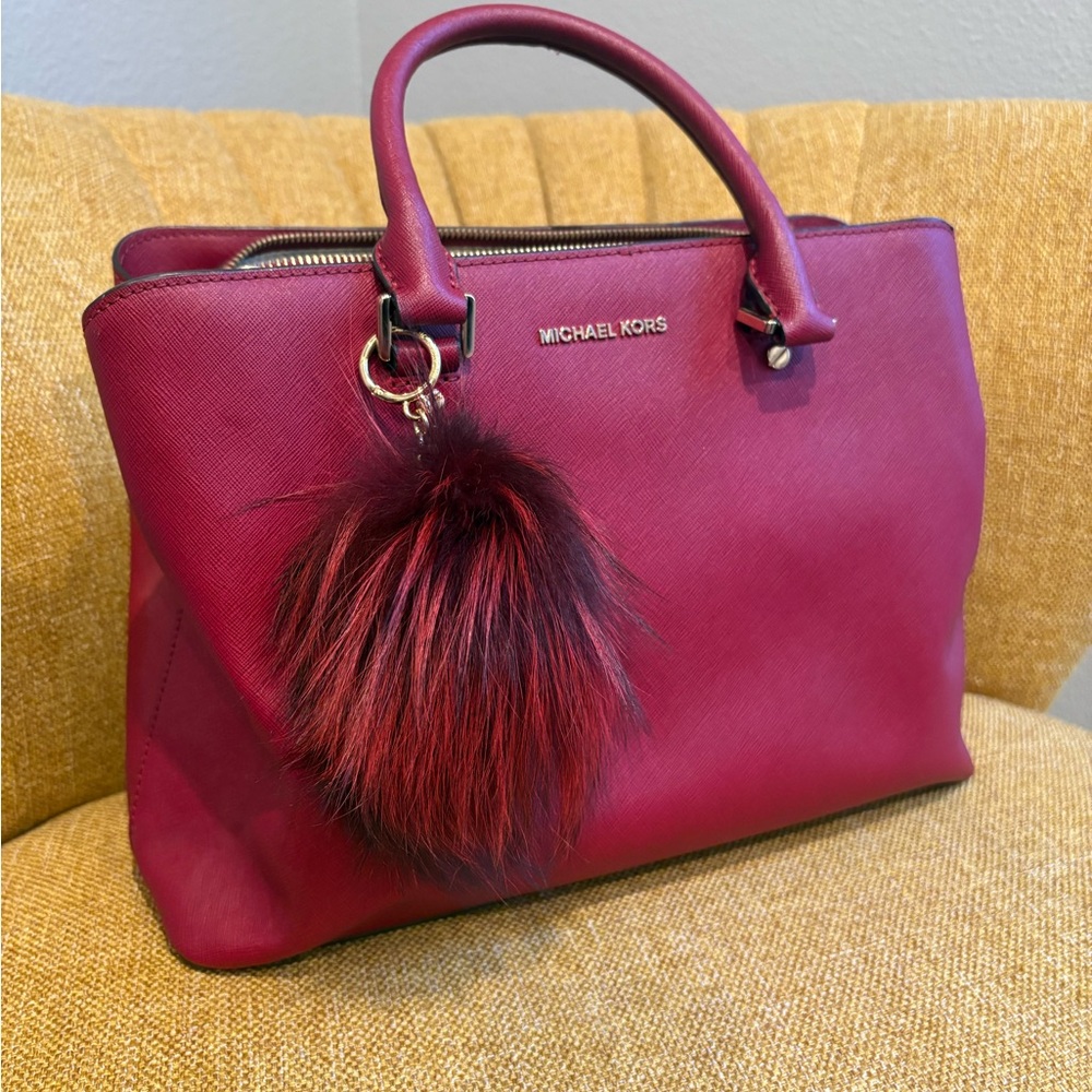Michael Kors Deep Red Satchel with Fluffy Charm